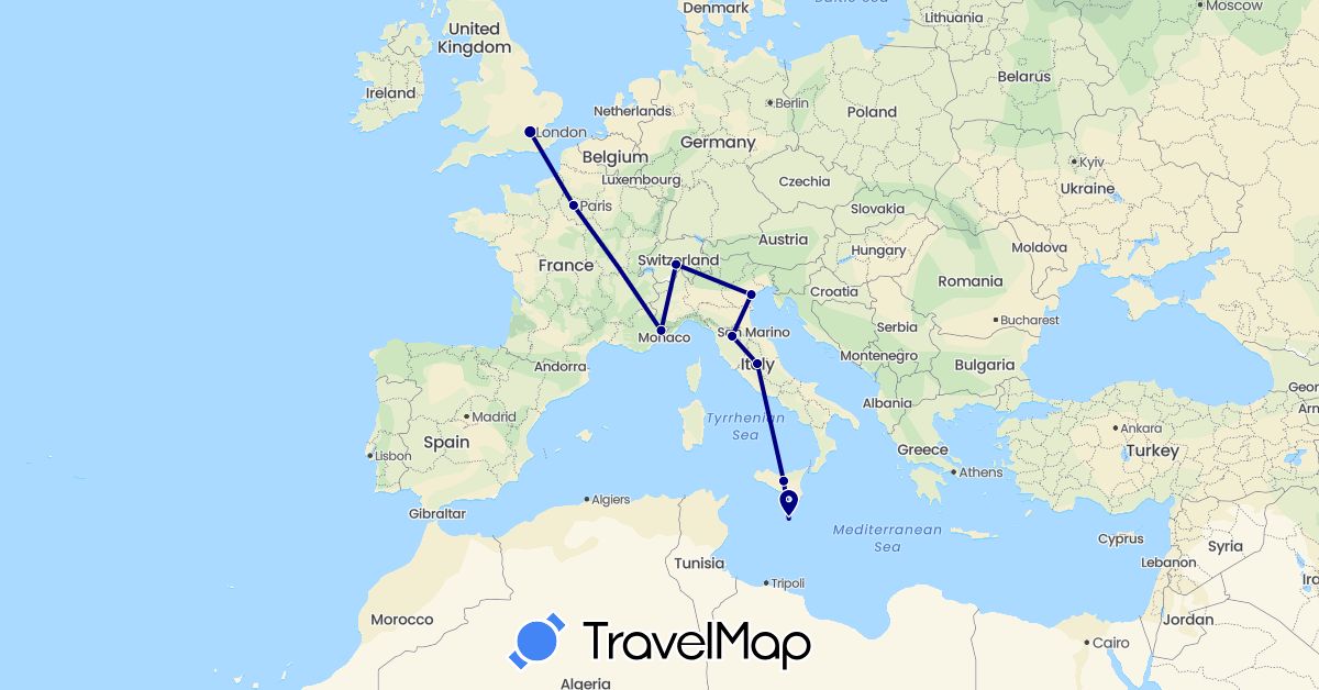 TravelMap itinerary: driving in Switzerland, France, United Kingdom, Italy, Malta (Europe)