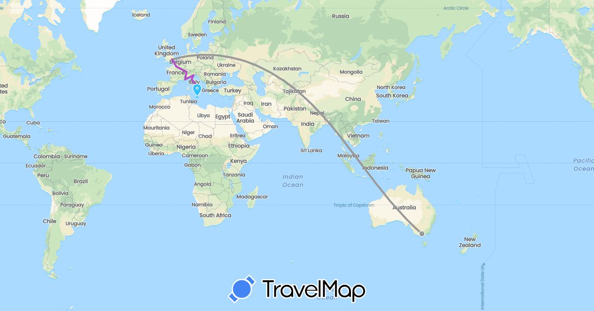 TravelMap itinerary: driving, plane, train, boat in Australia, Switzerland, France, United Kingdom, Italy, Monaco, Malta (Europe, Oceania)